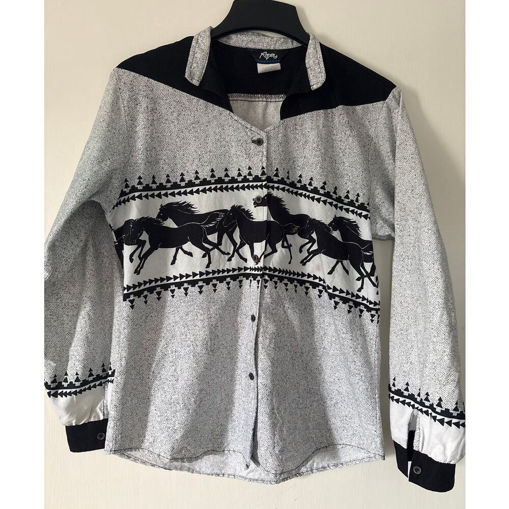 Roper Vintage 90s Horse Graphic Western Shirt Medium Made in USA White Black